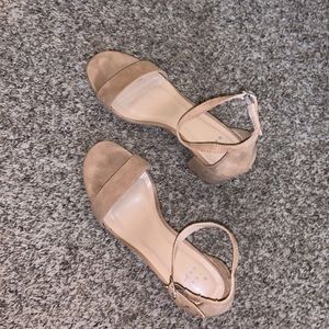 Single strap nude suede block heels